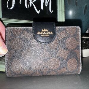 Coach Dark Brown Black signature C Wallet with Gold Logo zipper pouch - LIKE NEW